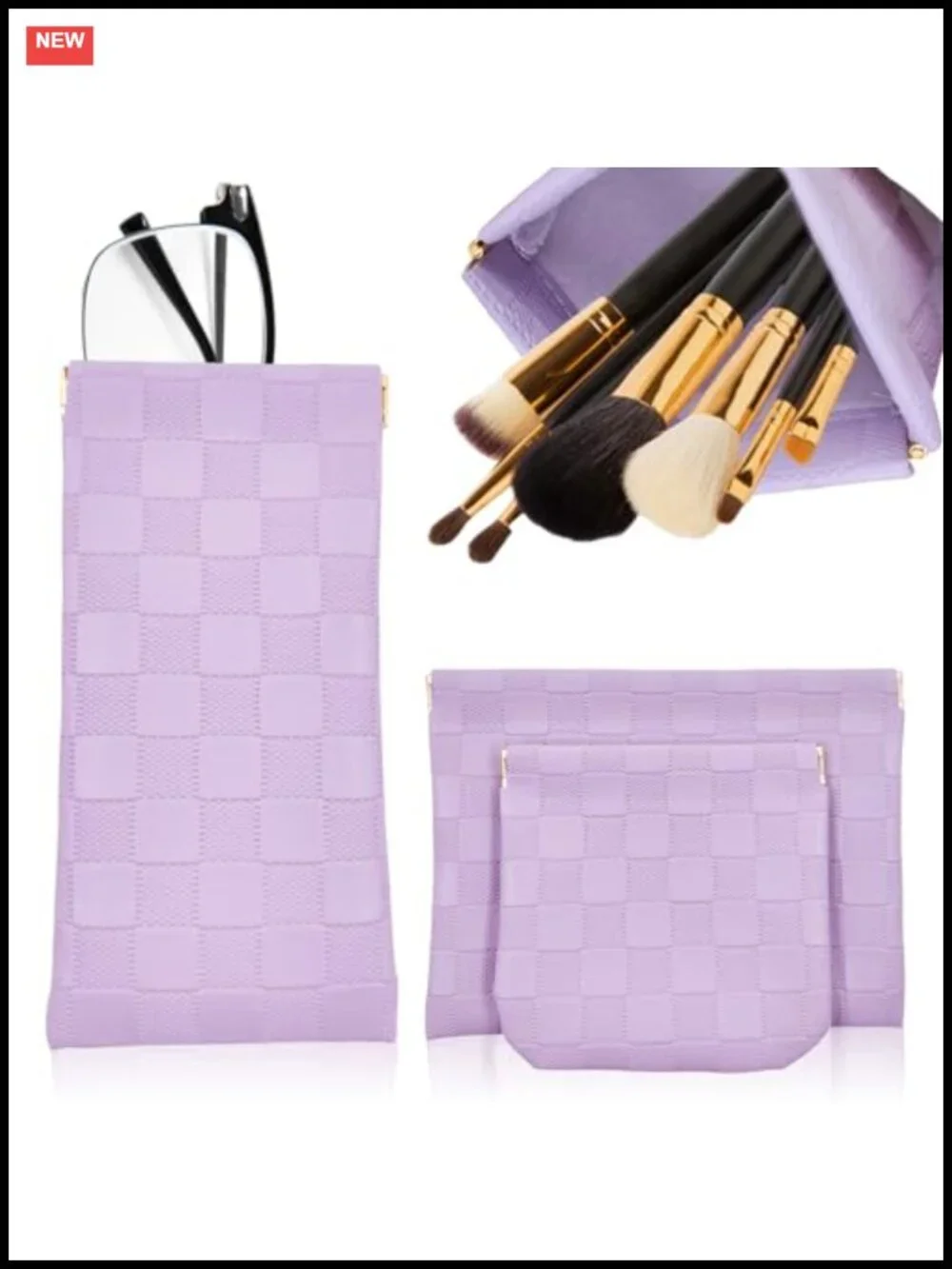 3pc Leather Cosmetic Bags Set Checkered Snap Closure Travel Organizer Pouch